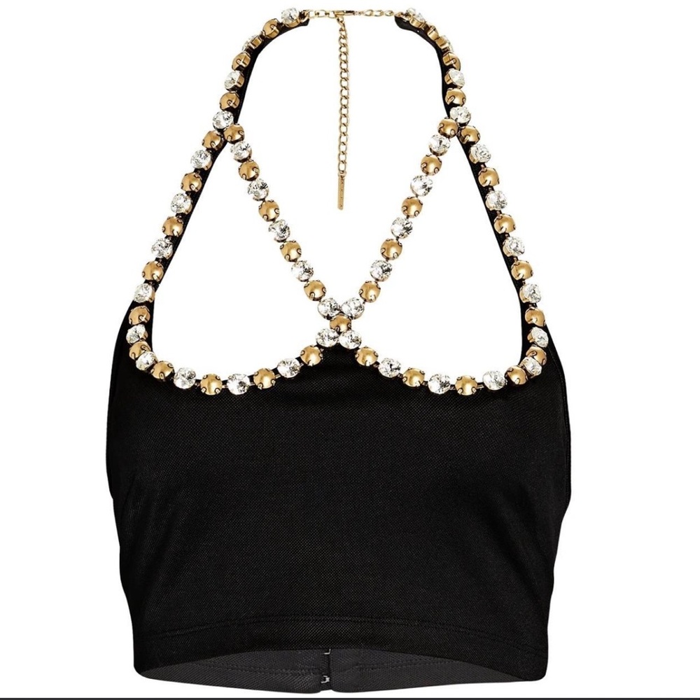 AREA Black Crop Top with Gold and Silver Embellishments
